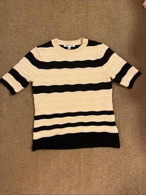Nanette Lepore Black and Cream Striped Short Sleeve Tee